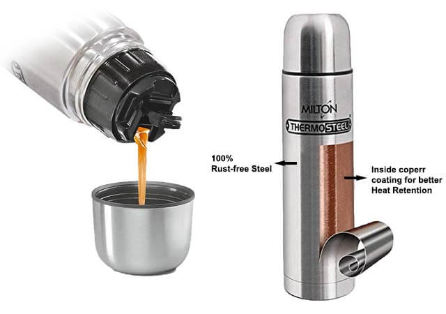 Milton Thermosteel Flip Lid Flask with copper coating / Hot water flask 24 hours (India)